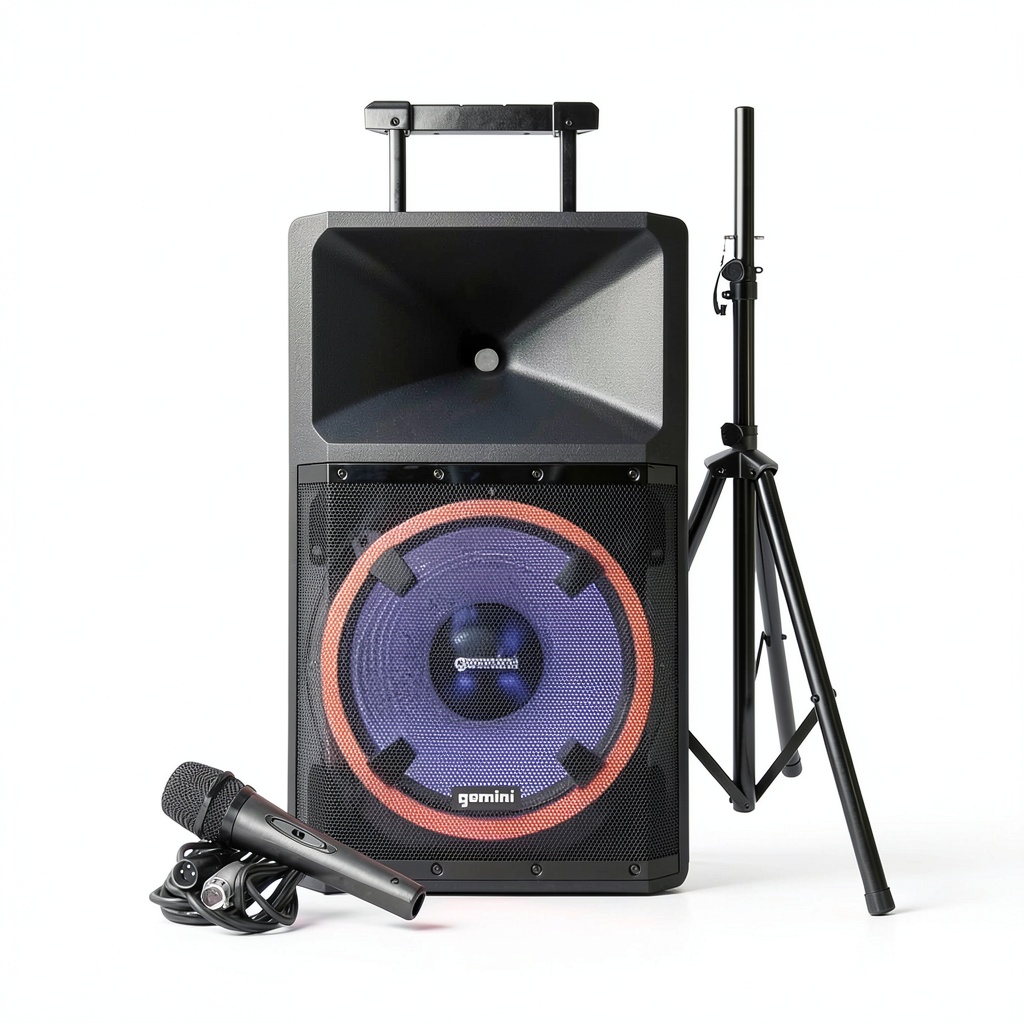 Gemini PA speaker with LED lights and mixer controls