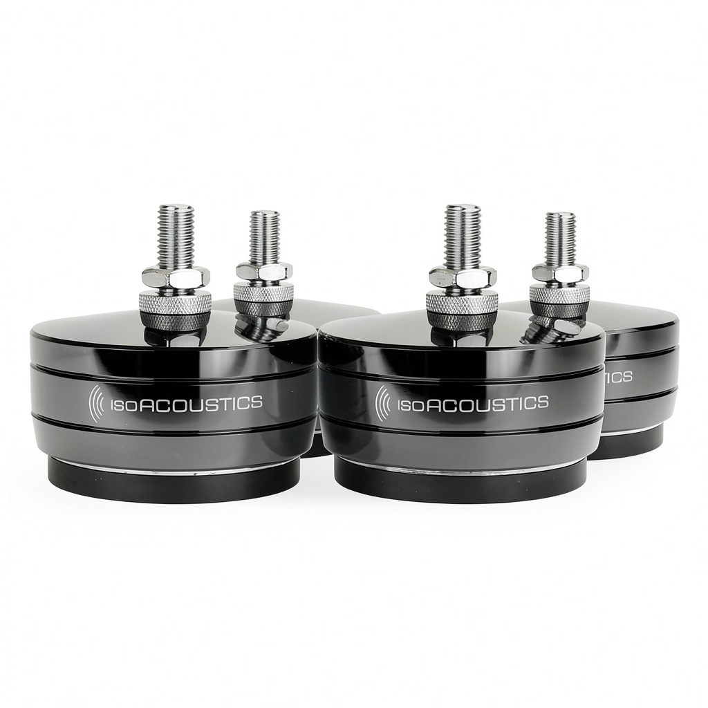 Installing IsoAcoustics GAIA Speaker Isolators Premium Audio Isolation on a wooden desk