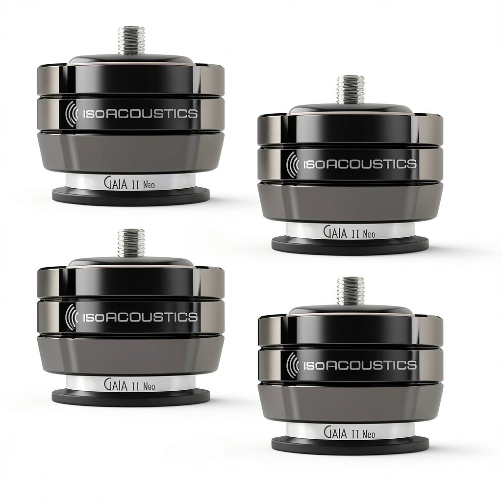 'IsoAcoustics GAIA Neo isolation feet in black and chrome finishes'