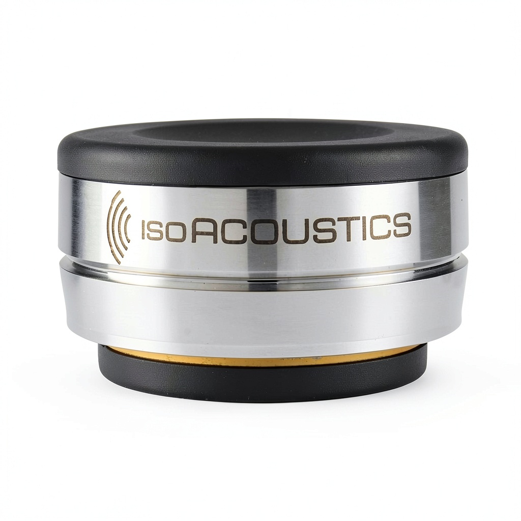 Installing IsoAcoustics OREA Bronze Audio Isolator Stainless Steel on a wooden desk