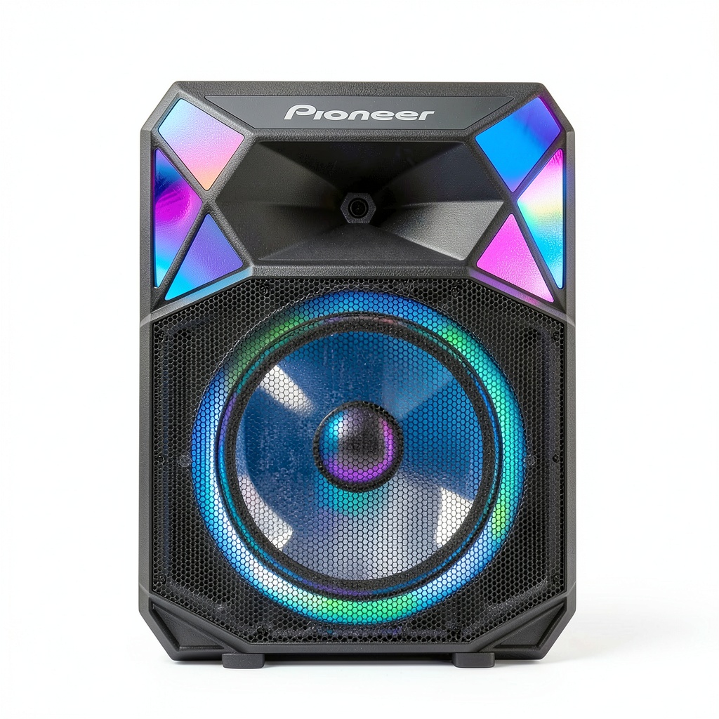 Pioneer PSX615 speaker with RGB LED lights and wireless microphone in a party setting