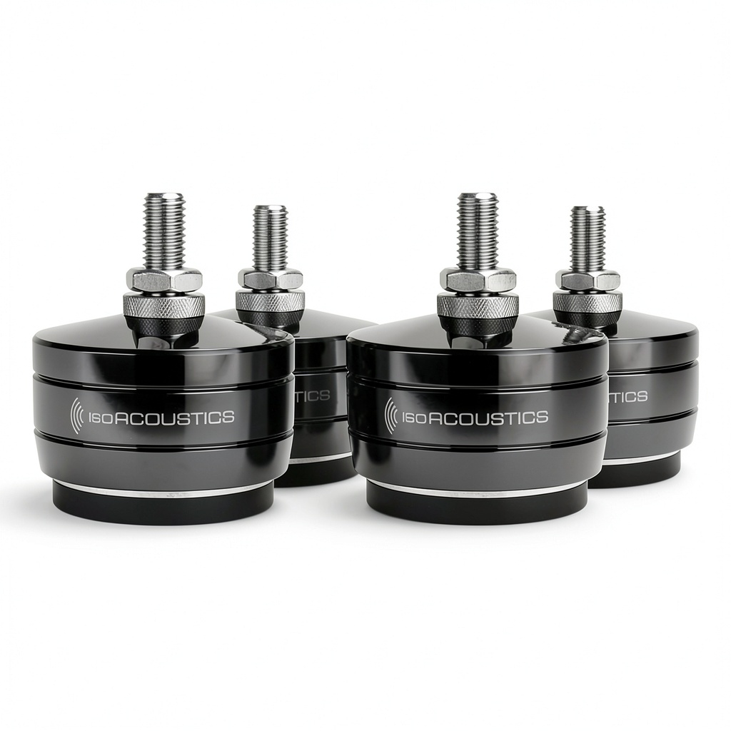 IsoAcoustics GAIA-Titan Rhea isolation feet installed on a floor-standing speaker