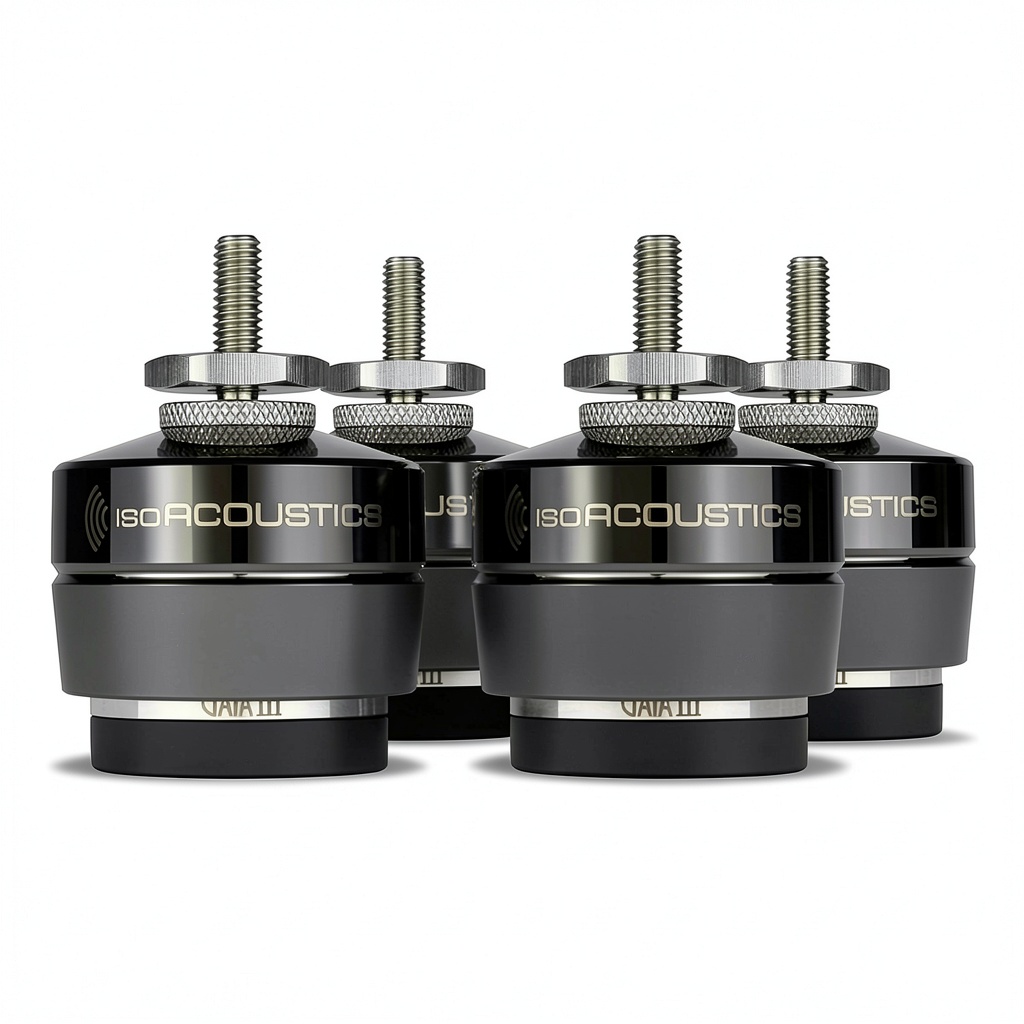 'IsoAcoustics GAIA III isolation feet installed under a speaker'