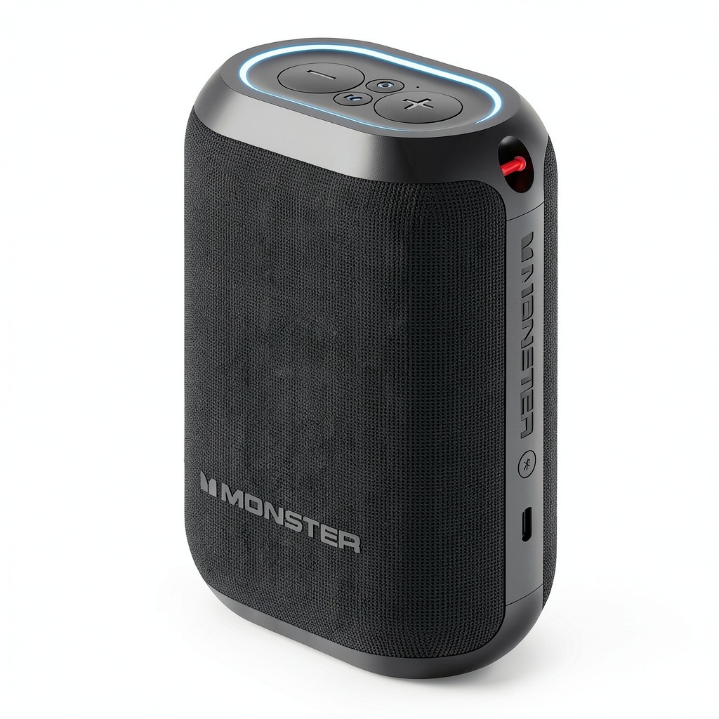 Monster DNA One waterproof speaker on a picnic table beside a cooler, showing its rugged design and Qi charging pad
