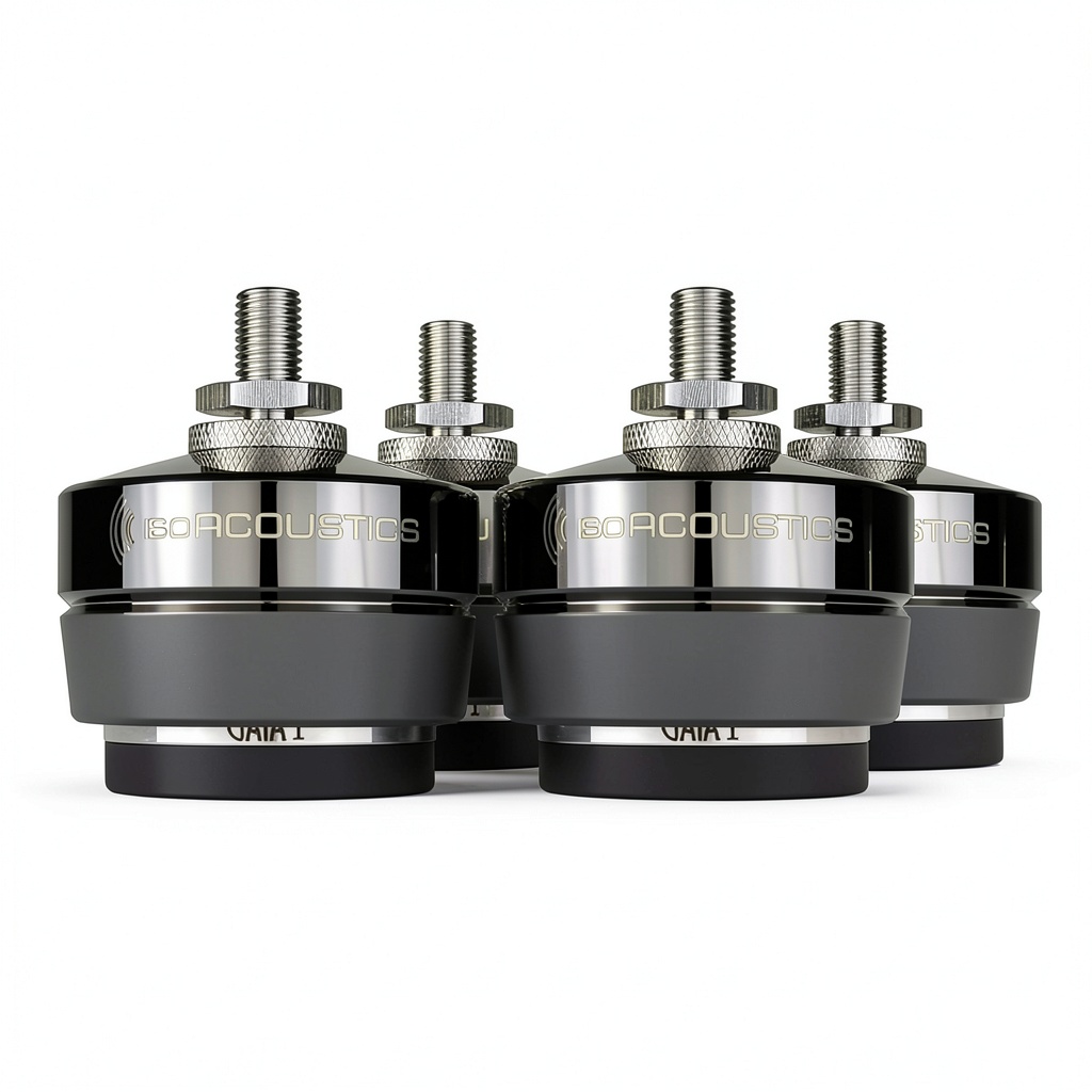 'IsoAcoustics GAIA I isolators installed under a floor-standing speaker'