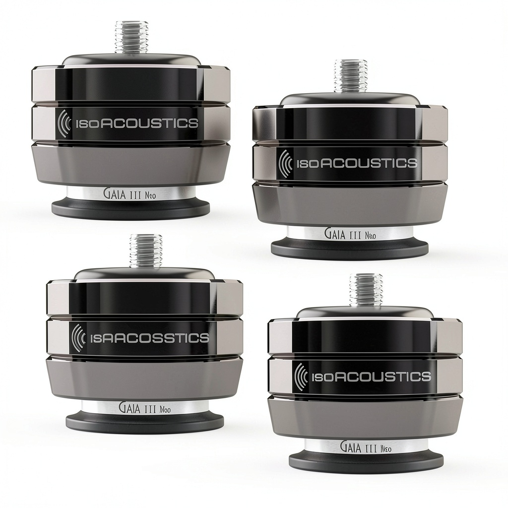 IsoAcoustics GAIA Neo isolation feet installed on a speaker in a home setup
