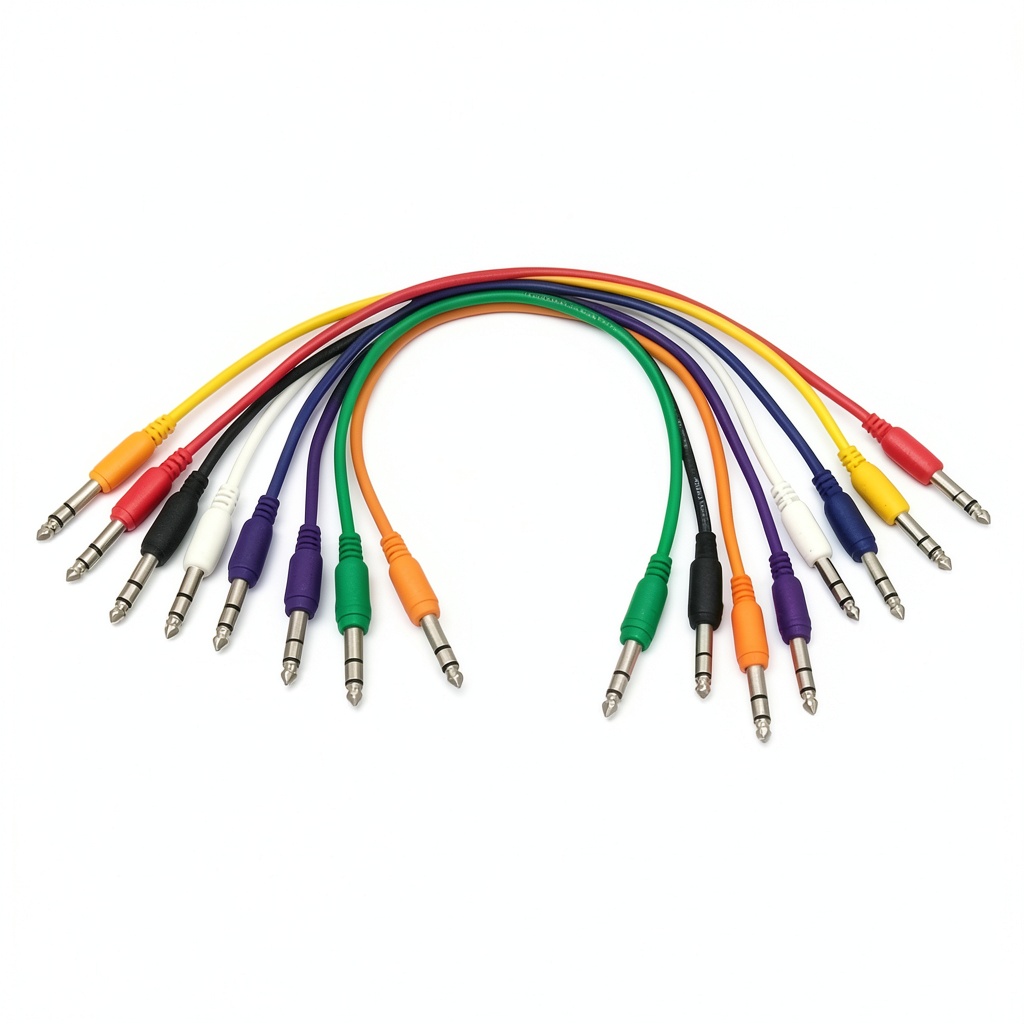 Hosa PC18-17TRS-S TRS patch cables in multiple colors on a patch bay