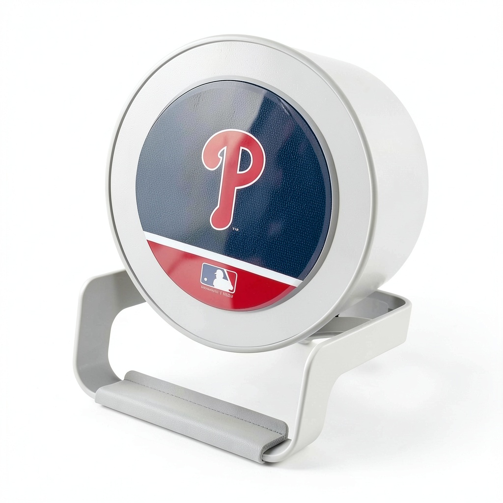 Philadelphia Phillies Night Light Charger and Speaker on a nightstand