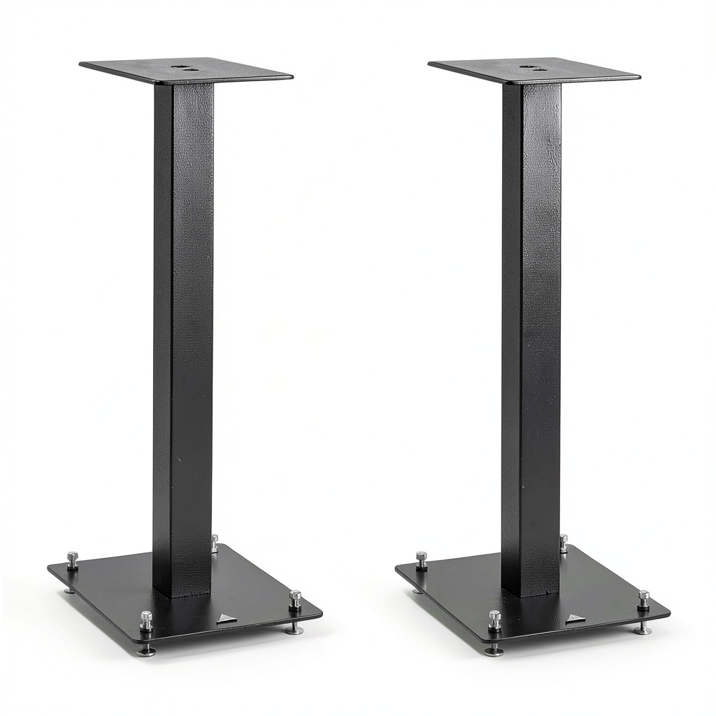 Installing Triangle S01 Bookshelf Speaker Stands Matte Black Non Slip on a wooden floor in a living‑room setup