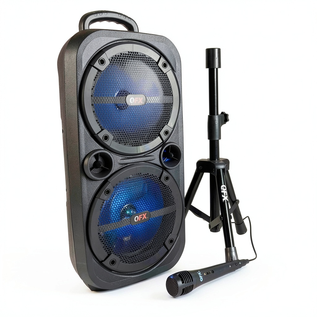 QFX Bluetooth speaker with LED lights and microphone in a party setting