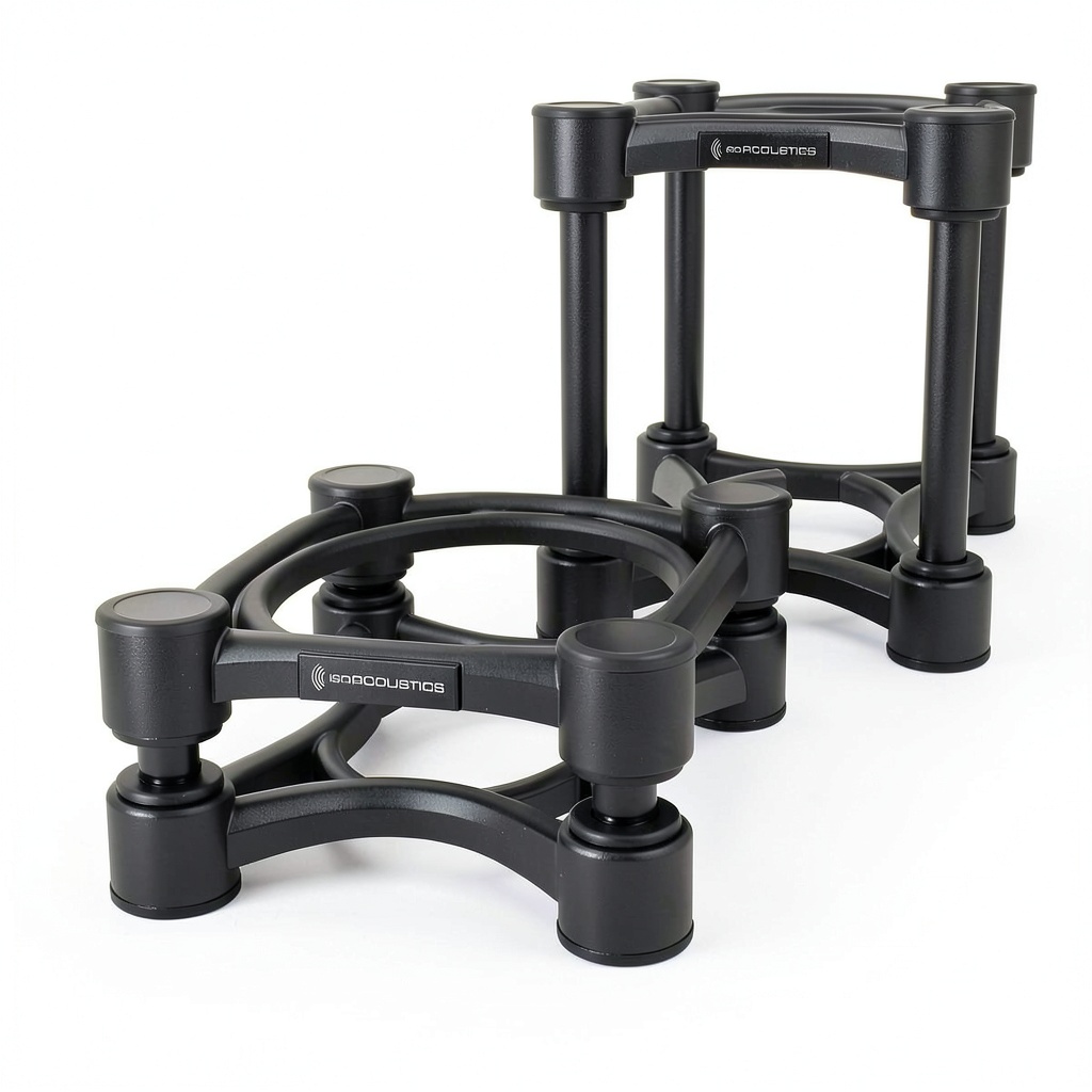 IsoAcoustics ISO200PR isolation stand with studio monitor on a desk