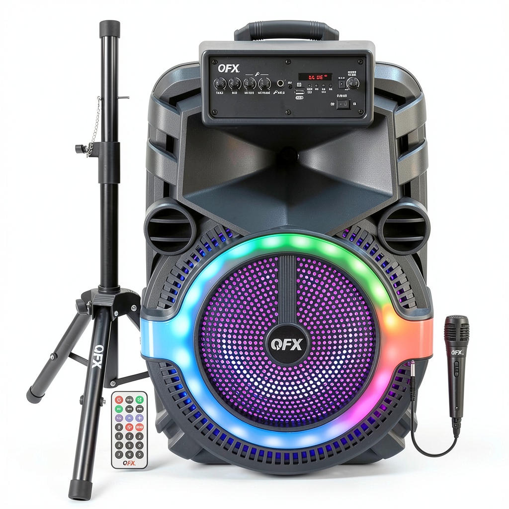 QFX PBX-158SM speaker with RGB lights and microphone in use