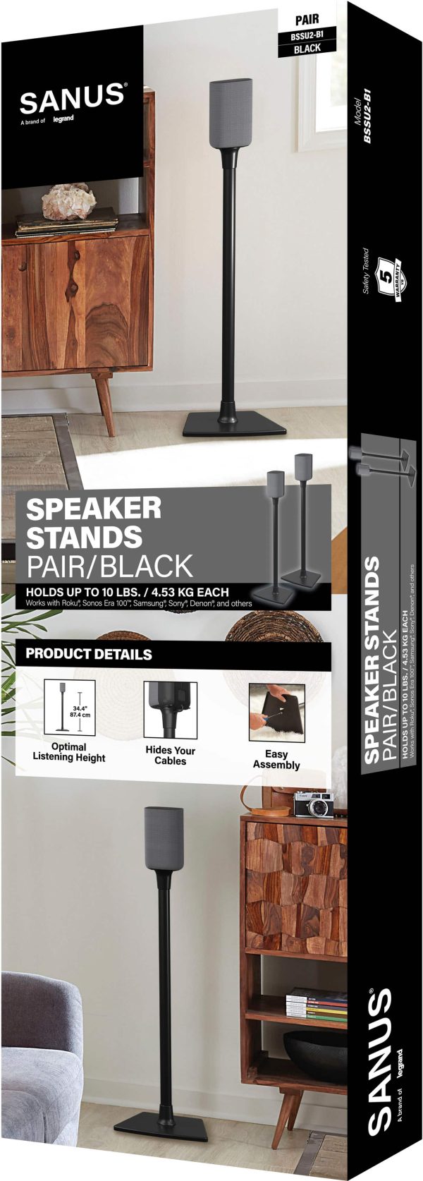 Sanus - Universal Speaker Stands for Speakers up to 10 lbs - Built in Cable Management - Sold in Pairs - Black-7
